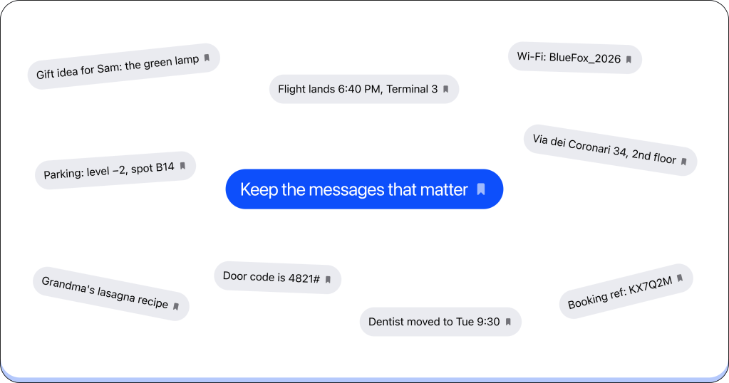 A visual representation of various reminders and notes, including a flight schedule, parking information, and personal reminders, centered around the phrase 'Keep the messages that matter.'