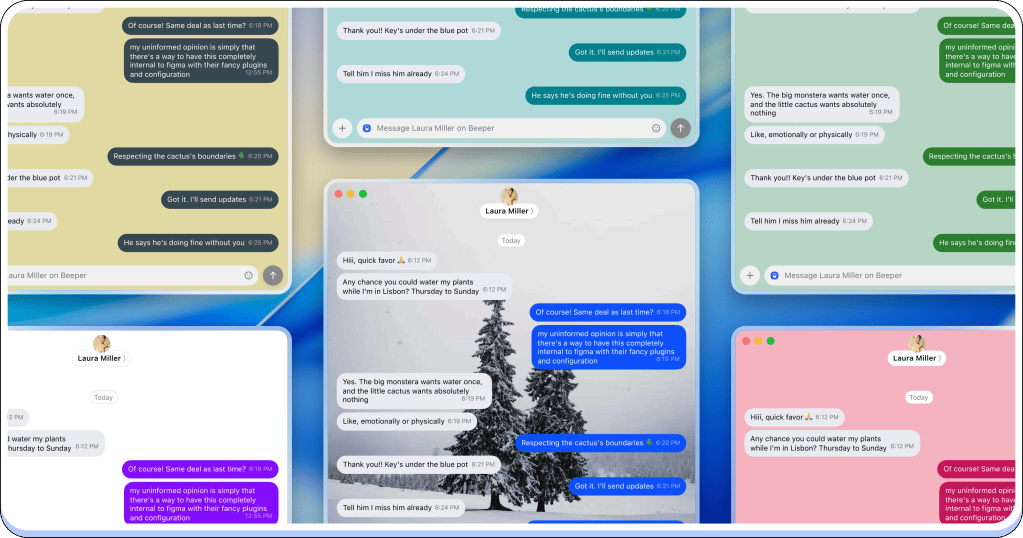 A collage of messaging app screenshots featuring a conversation about plant care and scheduling.