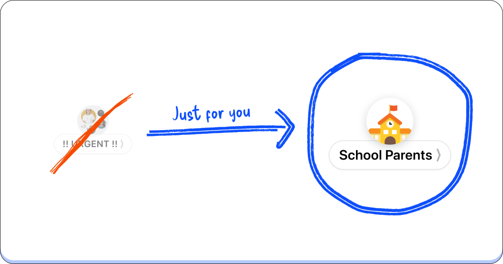 Illustration displaying a crossed-out urgent message pointing to a highlighted 'School Parents' icon, emphasizing a dedicated section for school-related communications.