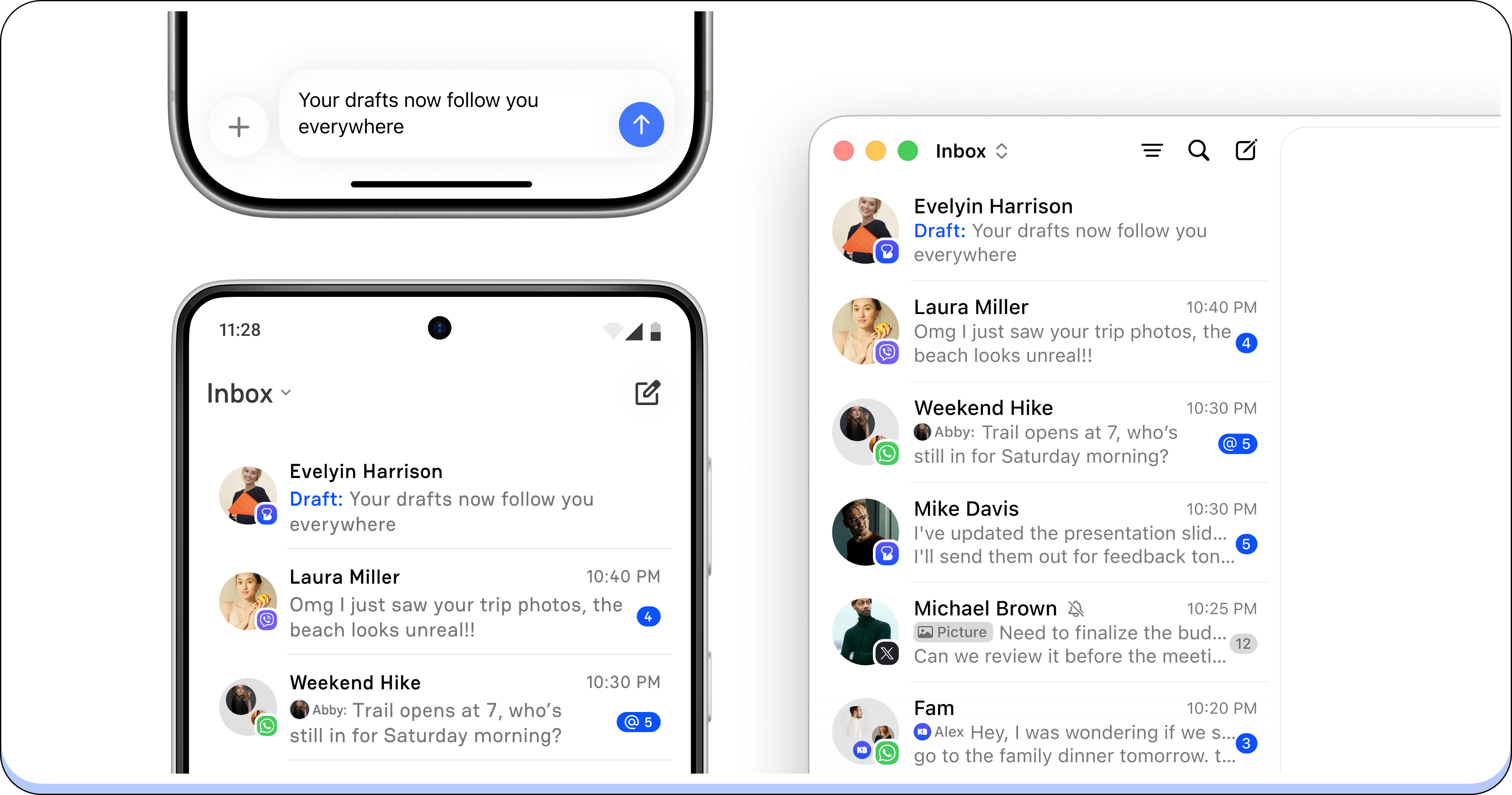 Mobile and desktop inbox interface displaying message threads from various contacts.