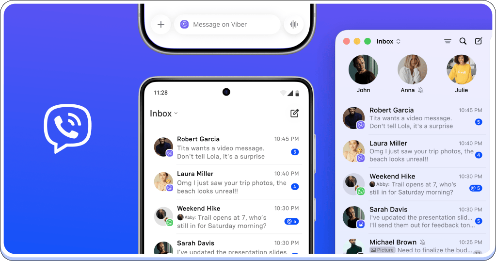 Viber messaging application interface showing conversation inbox on a mobile device and a desktop. Messages from contacts, including timestamps and status indicators, are displayed.